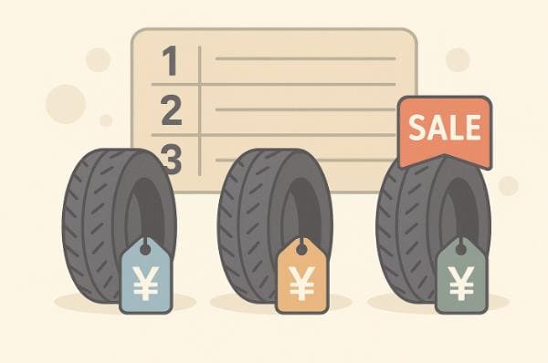タイヤが安い店ランキングの概念図（3本のタイヤとSALEタグのイラスト）
