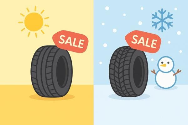 季節ごとのタイヤ選びイメージ（夏タイヤと冬タイヤ）