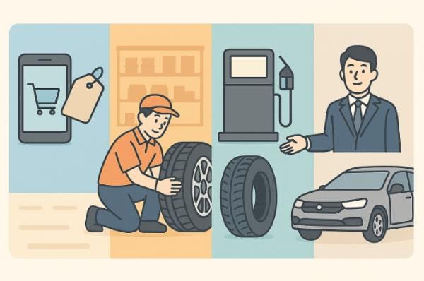 タイヤの購入先を比較するイメージ（通販・カー用品店・ガソリンスタンド・ディーラーなど）