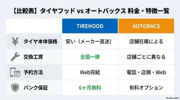 タイヤフッド vs オートバックス 料金・特徴一覧