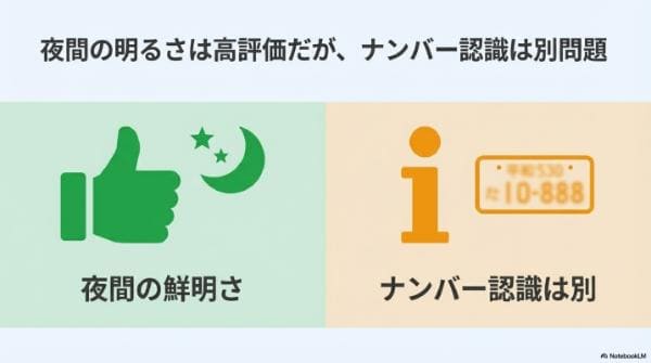 夜間の明るさは高評価だが、ナンバー認識は別問題