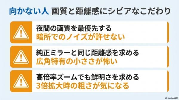 向かない人｜夜間性能重視/距離感にシビア/3倍ズームでクリアな映像を期待する人