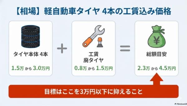 【相場】軽自動車タイヤ（4本）の工賃込み価格