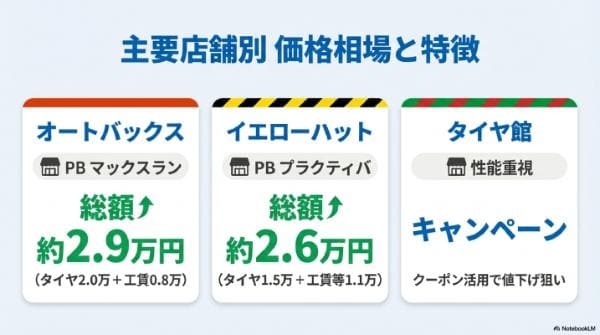 主要店舗別｜軽自動車のタイヤ交換価格相場（4本・工賃込み）/サービス特徴比較