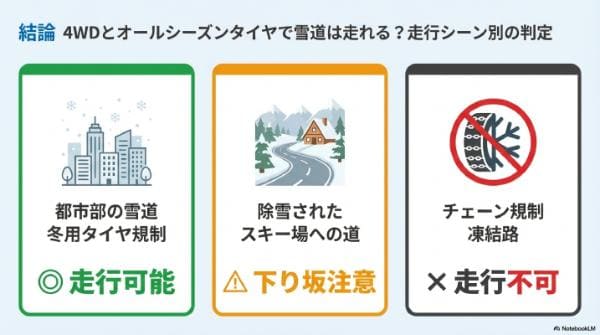 結論｜4WD×オールシーズンタイヤで雪道は走れる？走行シーン別の判定