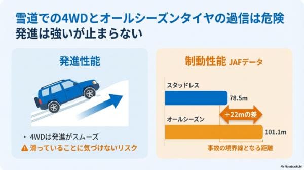 【JAFデータあり】雪道での4WD×オールシーズンタイヤの危険性｜発進は強いが止まらない