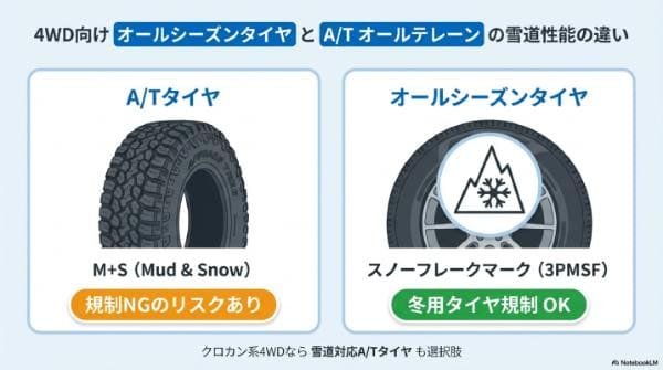 4WD向け「オールシーズンタイヤ」と「A/T（オールテレーン）」の雪道性能の違い