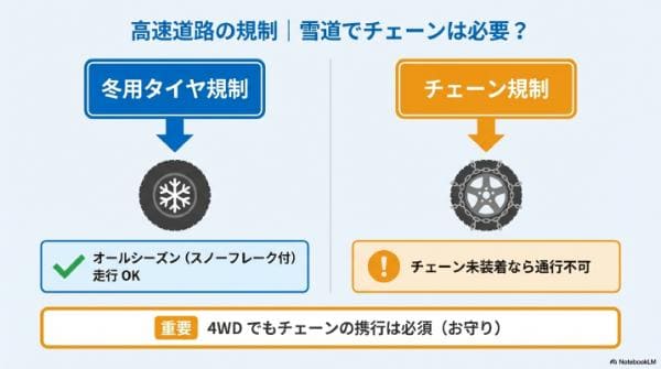 オールシーズンタイヤ×4WDでの高速道路規制｜雪道でチェーンは必要？