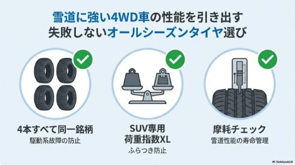 雪道に強い4WD車の性能を引き出す「失敗しないオールシーズンタイヤ選び」