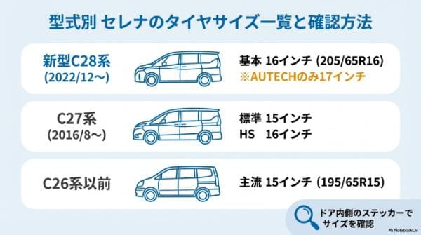 【型式別】セレナのタイヤサイズ一覧と確認方法（C26/C27/C28）