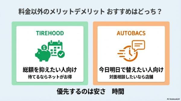 料金以外のメリット・デメリット|タイヤフッドとオートバックスおすすめはどっち?