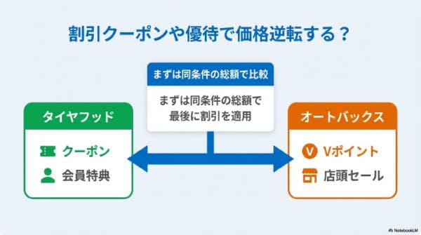割引|タイヤフッドとオートバックスは割引クーポンや優待で価格逆転する?
