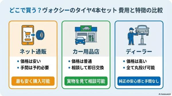 どこで買う？ヴォクシーのタイヤ4本セットを安く購入する費用比較