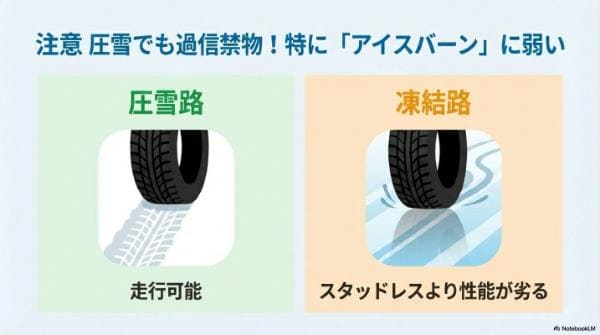 注意｜圧雪でも過信禁物！特に「アイスバーン」に弱い