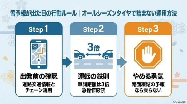 雪予報が出た日の行動ルール｜オールシーズンタイヤで詰まない運用方法