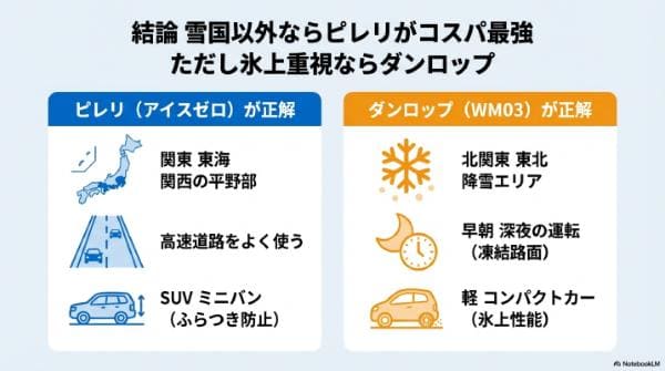 【結論】雪国以外ならピレリがコスパ最強！ただし氷上重視ならダンロップ