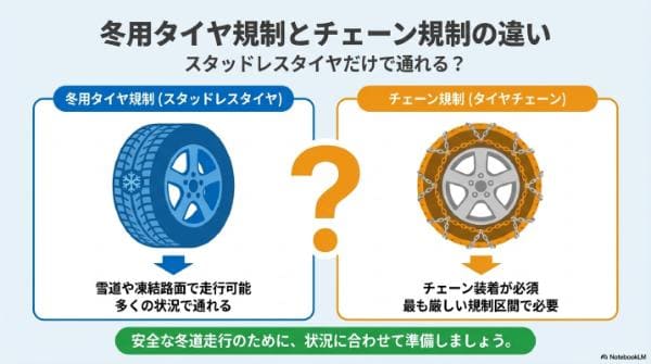 冬用タイヤ規制とチェーン規制の違い｜スタッドレスだけで通れる？