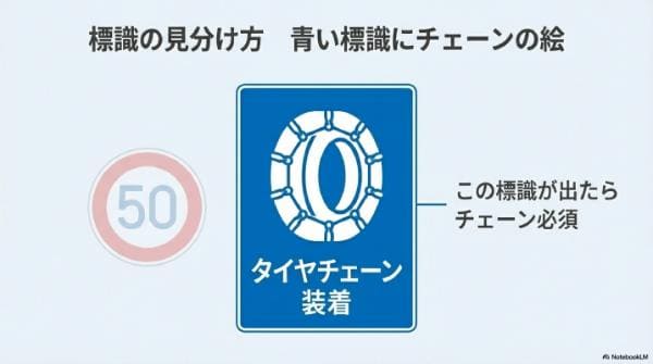 標識の見分け方｜青い標識にチェーンの絵
